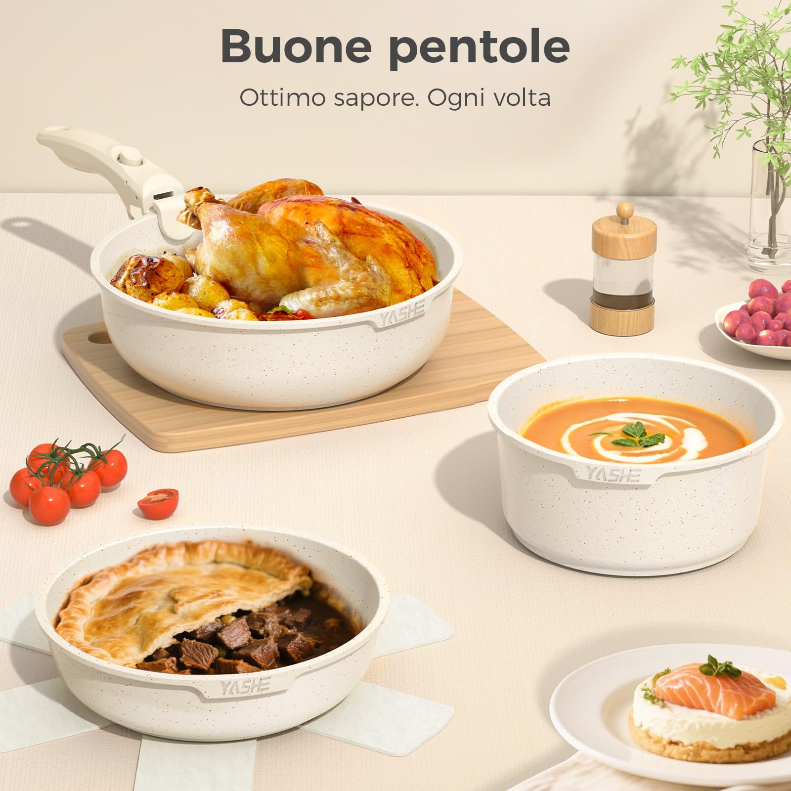 YASHE Set da cucina 15 pezzi, pentole e padelle con rivestimento antiaderente in granito, manici rimovibili, impilabili, facili da pulire, compatibili con induzione, gas e vetroceramica