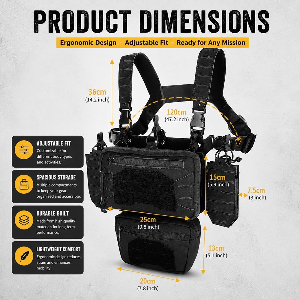 Borsa Pettorale Uomo Donna, Chest Pack Regolabile con Tasche Multiple per Caccia Tattico Tiro Sportivo Airgun Escursionismo Ciclismo E attività Outdoor