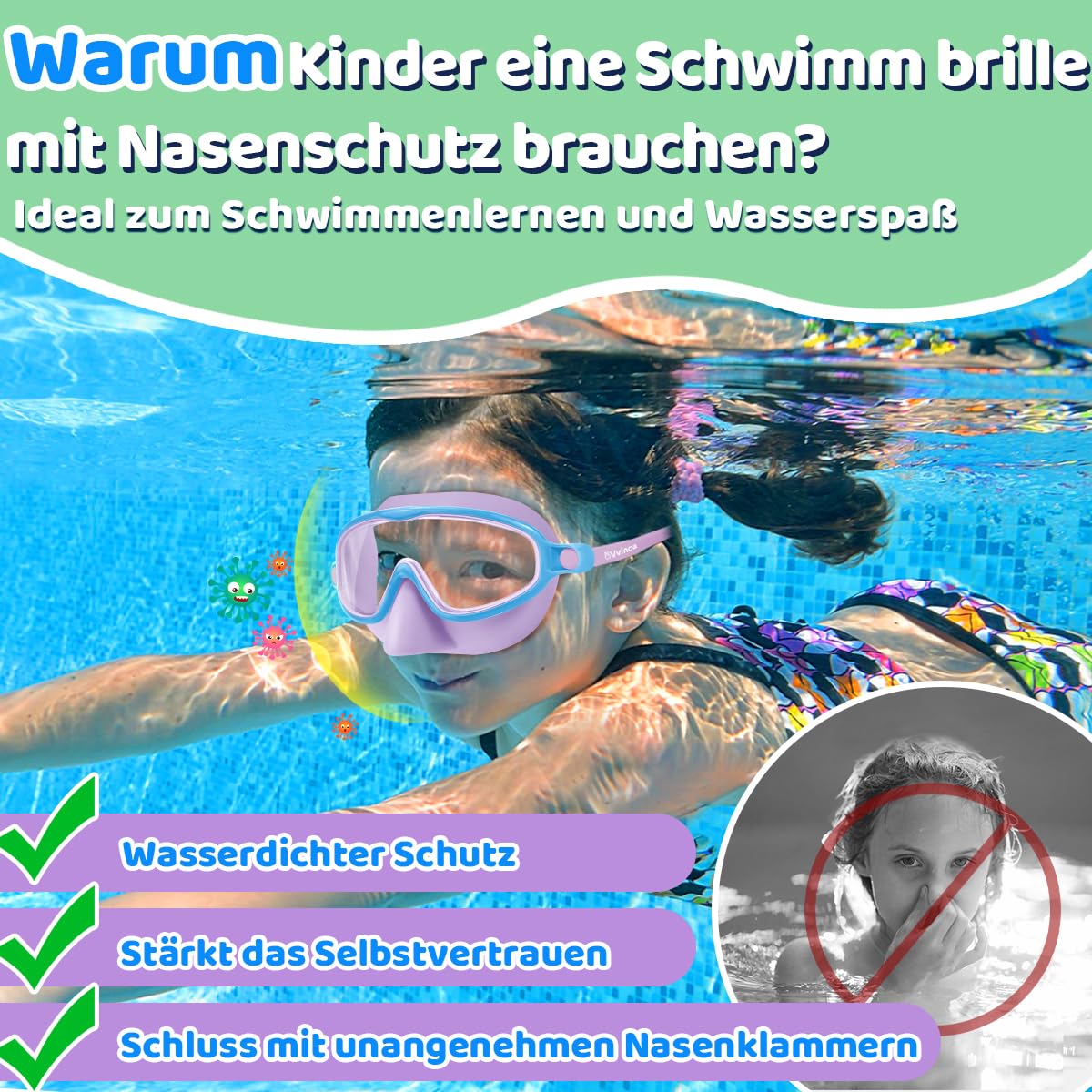 Vvinca Lot de 2 lunettes de natation avec protection nasale pour enfants de 3 à 15 ans | Masque de plongée grand angle, étanche, anti-buée et protection UV