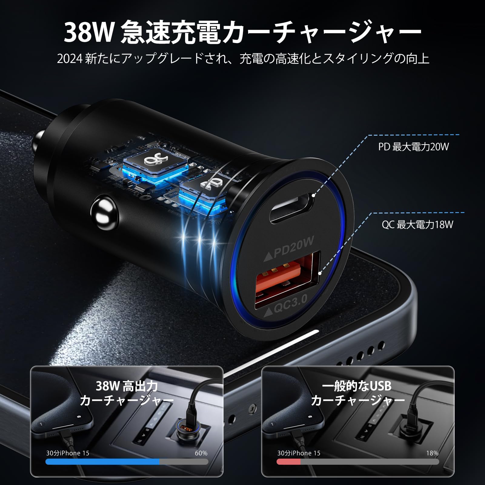 Amazon.co.jp: 38W シガーソケット USB-C & USB-A 車 充電器 出っ張ら