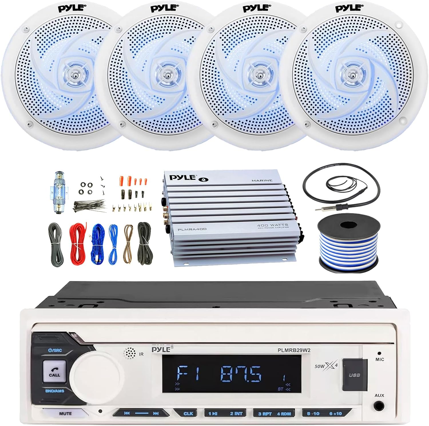 Pyle PLMRB29W2 Single DIN Marine Bluetooth MP3 Player Stereo Receiver, 4X 6.5'' Waterproof White LED Speakers, 4 Channel Amplifier w/Install Kit, 18G 50 FT Speaker Wire, Antenna