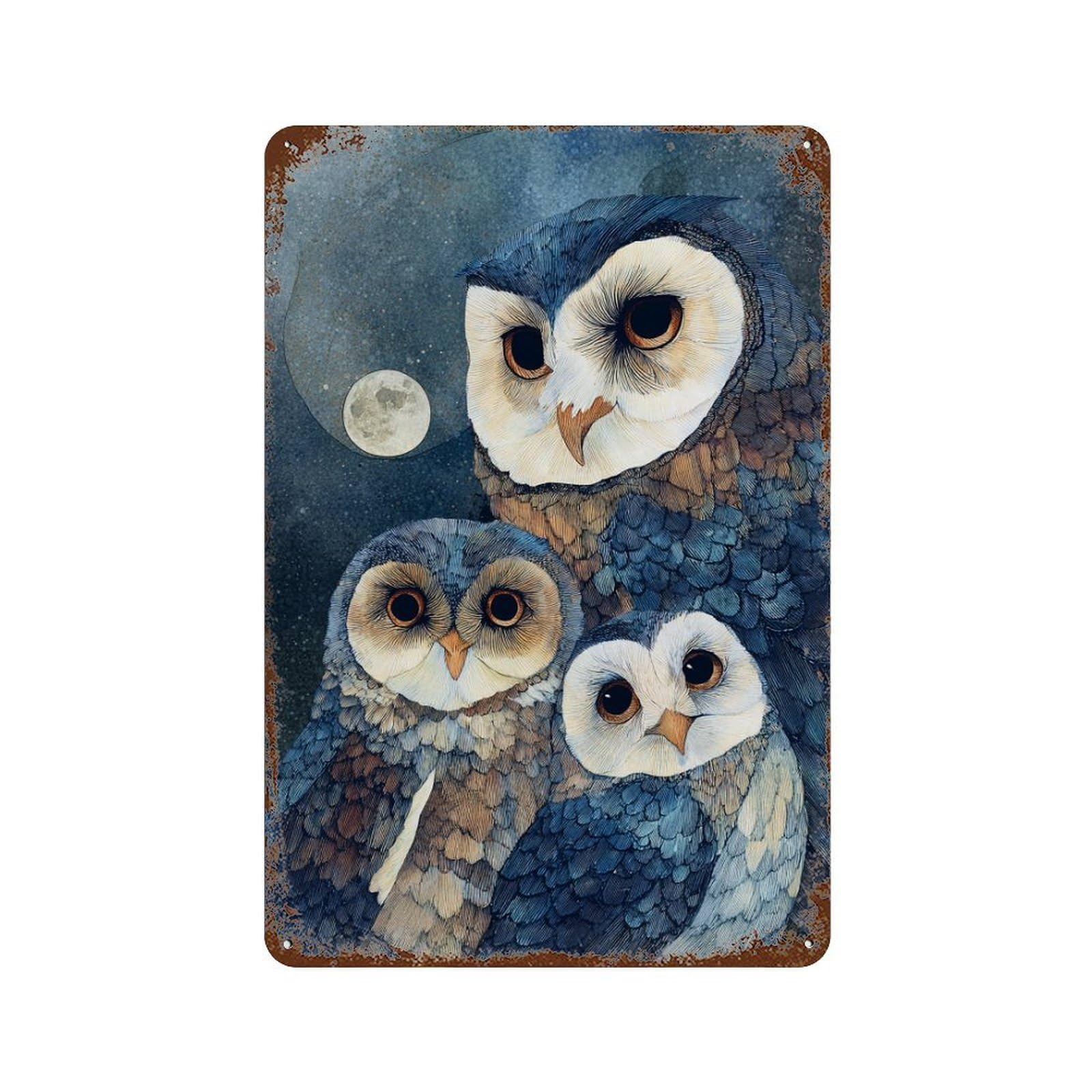 Rustic Tin Plaque with Nighttime Owl Family Design 11.8"x7.9", for Cafe, Home Bar And Lounge Decor, Industrial Home Decor