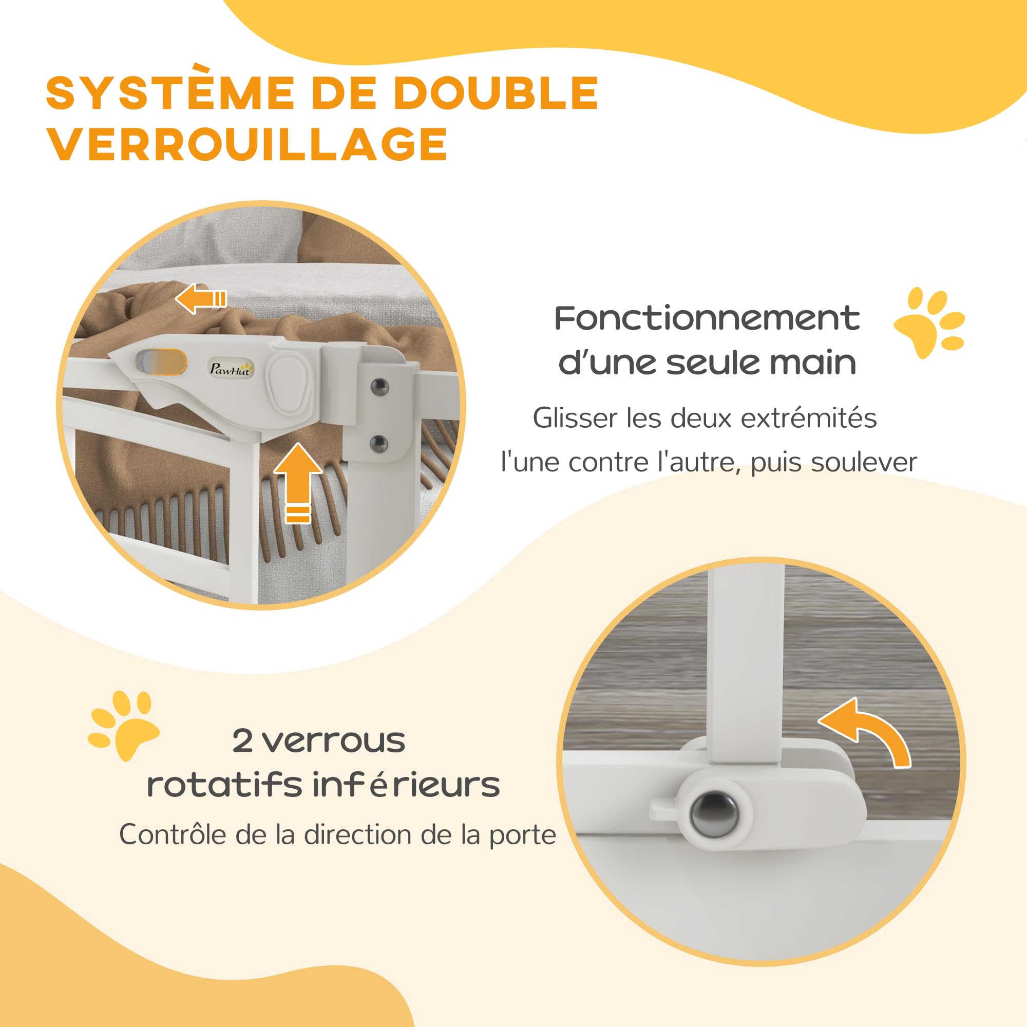 PawHut Barrière de sécurité Chien, barrière d'escalier à Fixation par Pression sans percer, Porte Fermeture Automatique, système de Double Verrouillage, 74 à 80 cm, Acier, Blanc | Barrière d'Escalier, Sans Percer, Porte Fermeture Automatique, Système de D