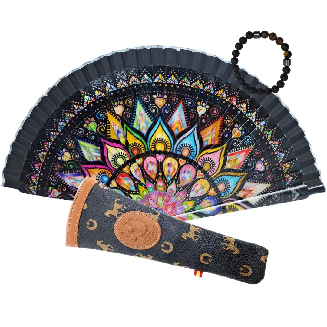 Abanicos de Madera con Dibujo Estampado. Precioso Abanico de Madera con Funda Fabricada en España. Incluye Pulsera de Ojo de Tigre y Volcánica en Colores a Juego (Mandala Ágata)