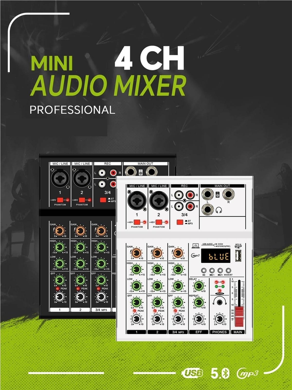 Mixer audio, 2 Pezzi MINI Mixer Audio Digitale Professale A 4 Canali, Console DJ Con Portatile USB For Mixaggio Dal, Canto,PC, studio di registrazione e giochi(Black)