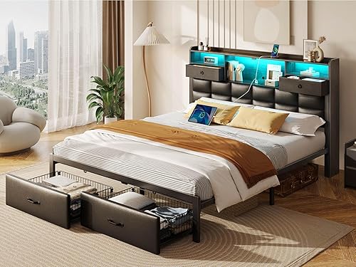 Miniatura 5 de Rolanstar Armazón de cama tamaño completo con cajones y estación de carga, cama plataforma tapizada con cabecera de almacenamiento y luz LED,