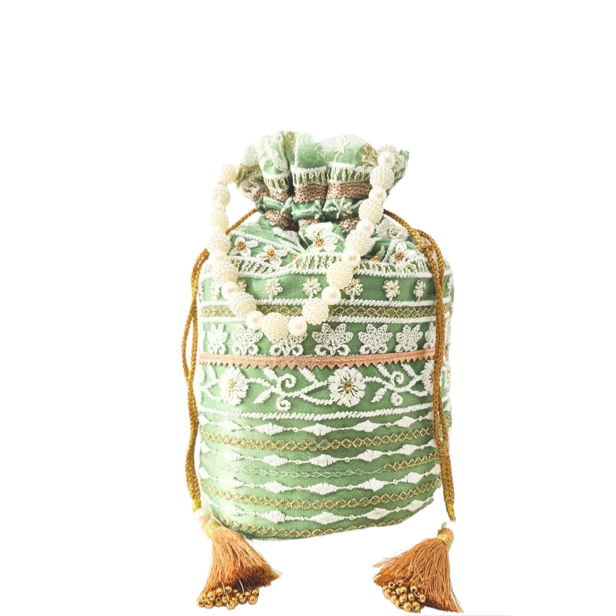 Handcrafted Wedding Designer Fashion Potli | Moti Pearl Handle with Tassel Dori Golden and White Embroidery Work for Women and Girl, Color Pista-Green, Easy Hand Wash Bag-image-34
