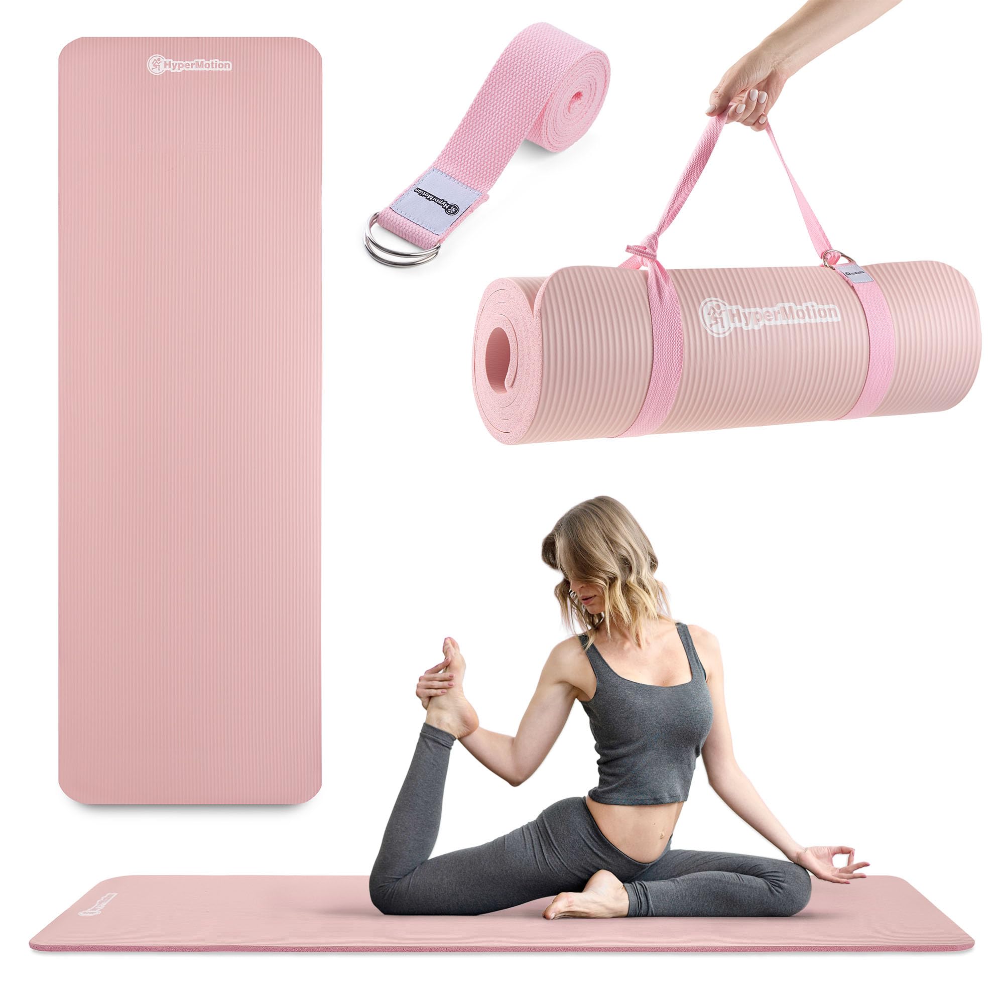 HyperMotion Tapis de Yoga NBR 183x61 cm (Épaisseur 0,8 cm et 1,5 cm) Antidérapant, avec Sangle de Transport et d’Étirement, Tapis Fitness pour Pilates et Relaxation