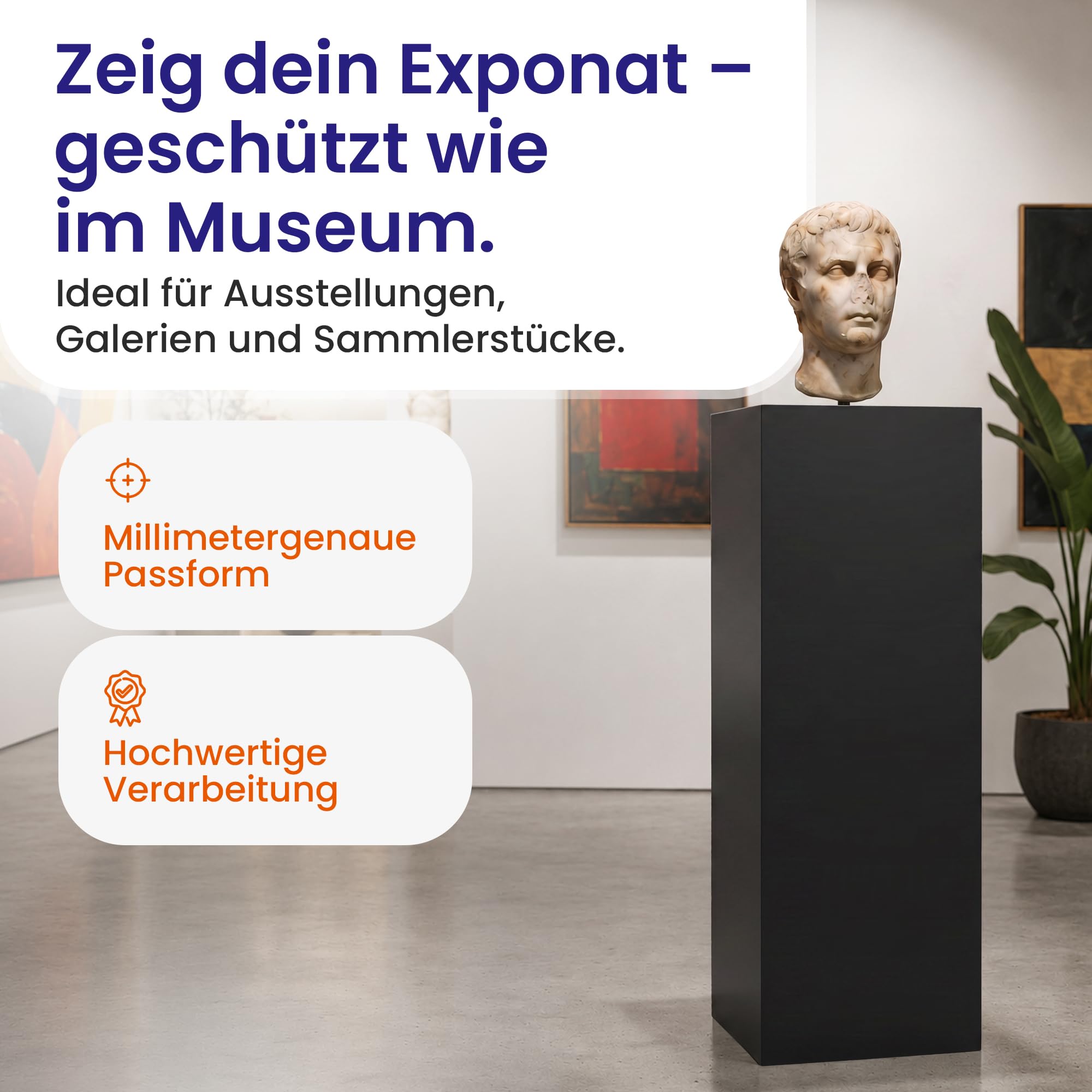 E&H DESIGN Präsentationssäule Schwarz ohne Acrylhaube – Podest & Dekosäule 93,5 cm – Galeriesockel für Skulpturen und Exponate – Schaufenster Vitrine – Ohne Montage