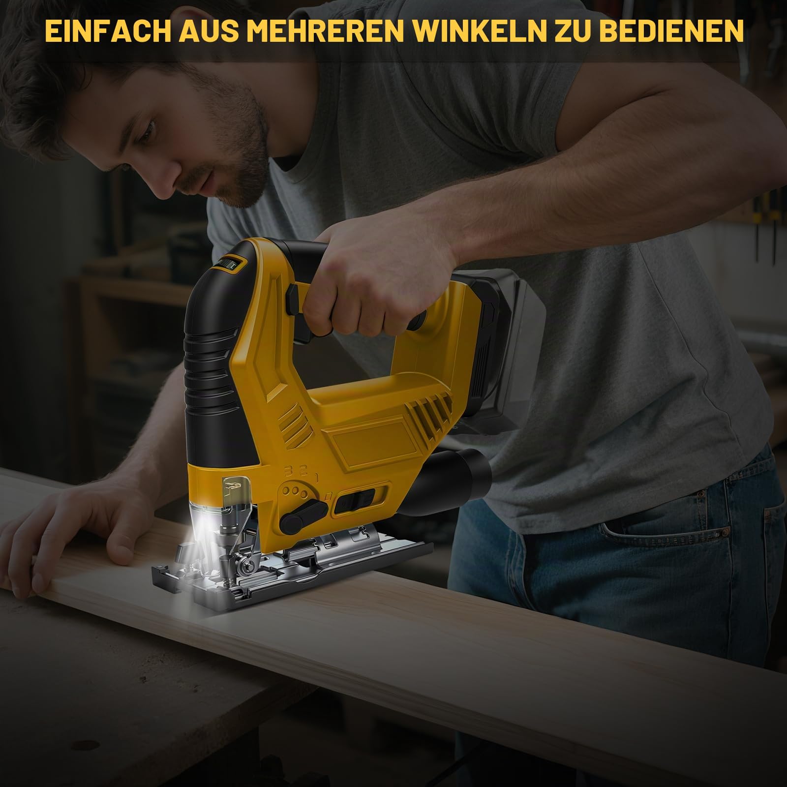 Akku Stichsäge kompatibel mit Dewalt 20V-Akku (ohne Batterie) | Elektrische Stichsäge, mit 45° Fase, 6 Geschwindigkeiten, 4 Orbital, Staubschlauch, Führungslineal und 5 Stück Sägeblätter