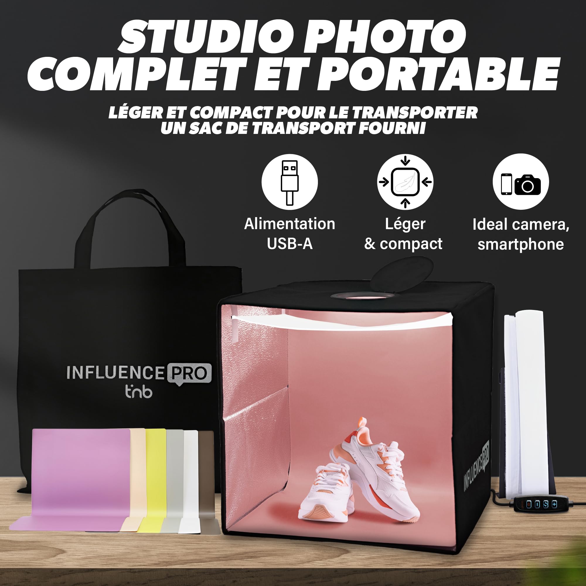 T'nB - Studio Photo Portable 40x40x40cm, idéal pour réaliser Vos Produits de qualité Professionnelle à Domicile ou pour déplacement, 12 Fonds, 10 Niveaux de luminosité - Noir