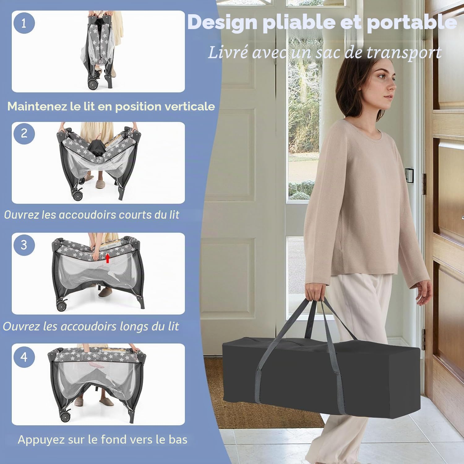 FANTASK Lit bébé 4 en 1, Arche de Jeu et boîte à Musique, Landau avec roulettes, Sac de Transport, lit d'appoint Portable avec Matelas Pliable, Table à Langer, baldaquin, pour bébé jusqu'à 36 Mois