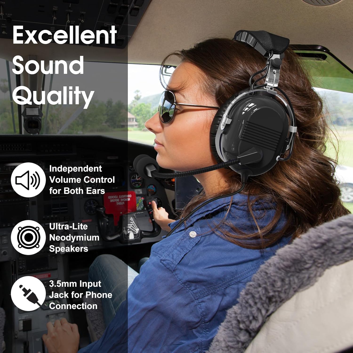 Passive Noise Cancelling Pilot Headphones for Flight School Student, Dual GA Plug, PNR General Aviation Headsets for Pilots, Mono and Stereo, with MP3 Input