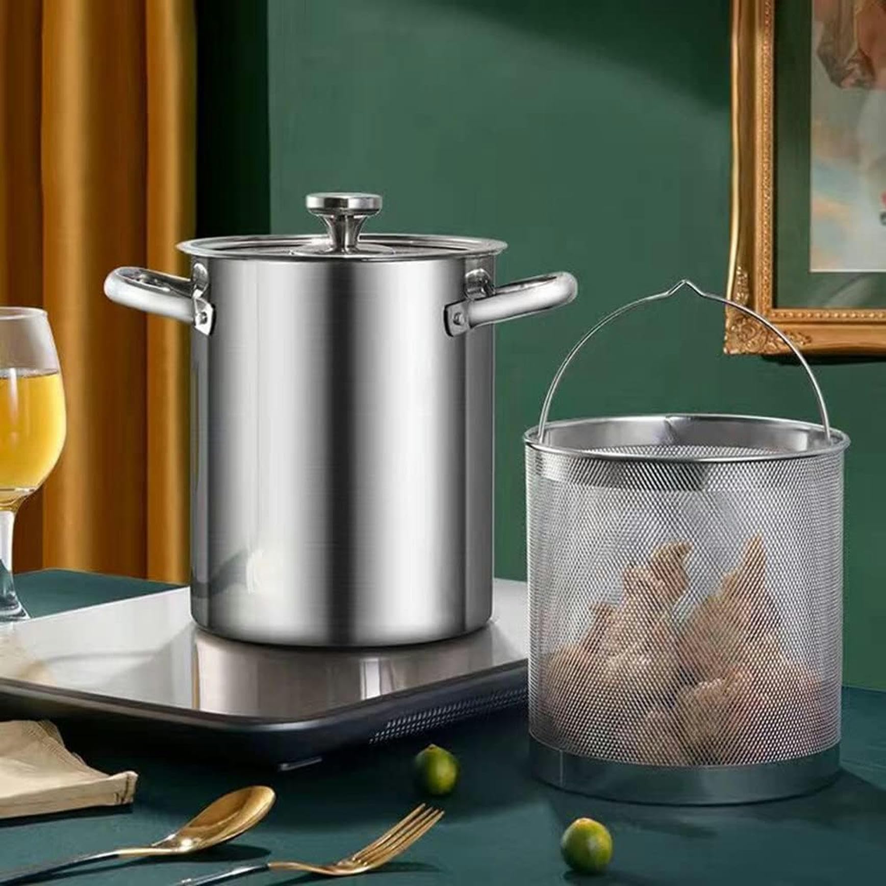 4 Liter Spargeltopf, Dünsttopf für Spargel und Gemüse aus Edelstahl 304, Spaghettitopf, Pastatopf, Küche mit Drahtkorb und Glasdeckel, Tiefe Pfanne mit Öl