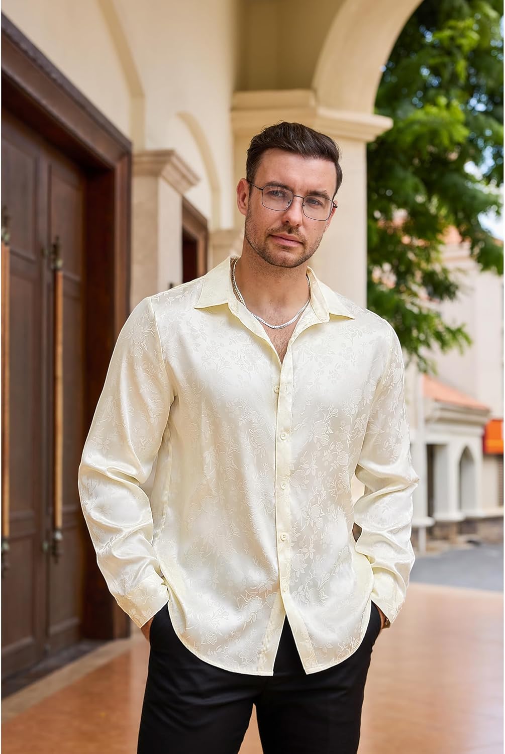 Vssjavun Mens Satin Dress Shirts Long Sleeve Silk Shirt Shiny Luxury Button Up Floral Shirt Party Prom Wedding Shirts - Image 4