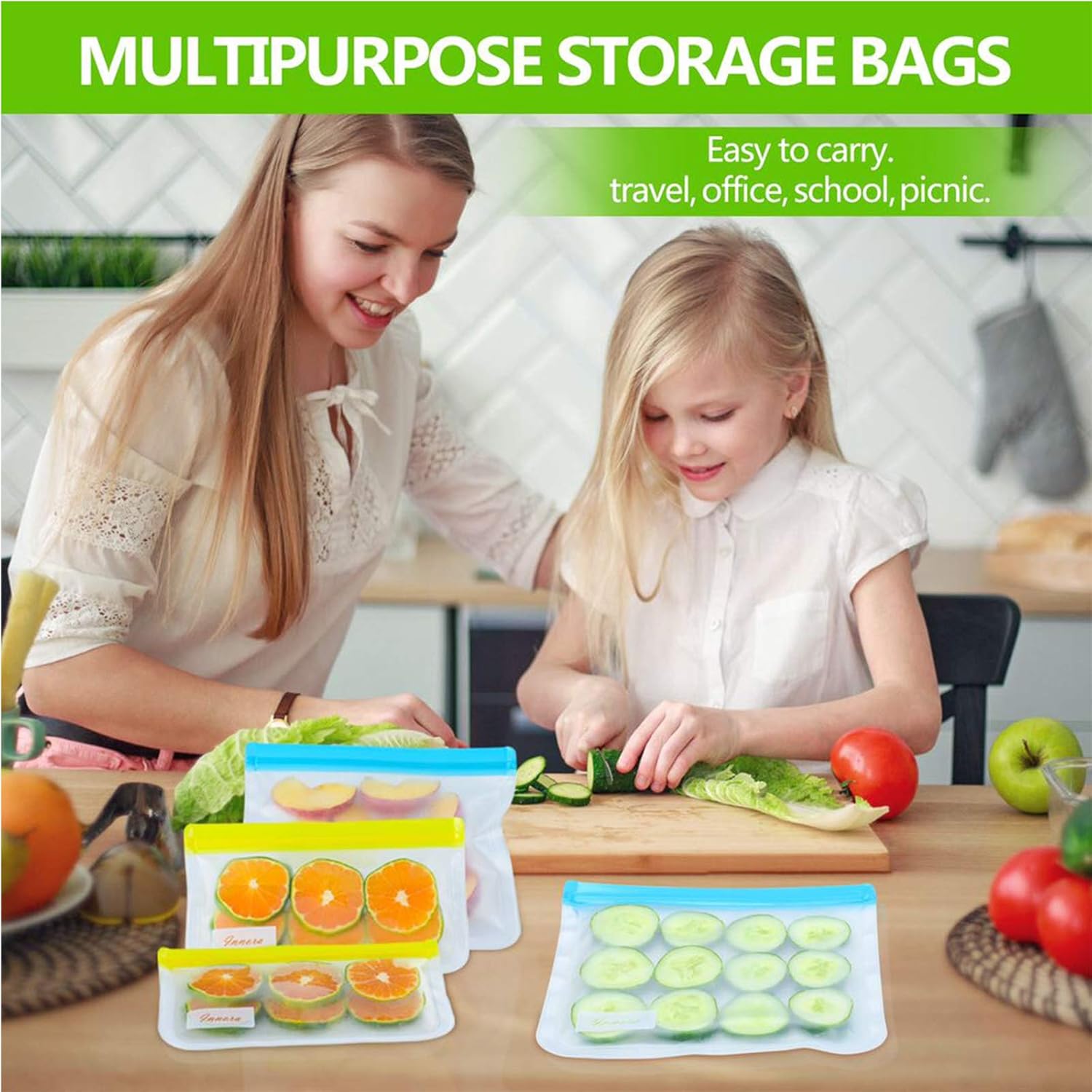 Innora Reusable Storage Bags - Reusable Freezer Bags BPA FREE - 2 Leakproof Reusable Bags + 5 Reusable Sandwich Bags Washable + 5 Reusable Snack Bags - Lunch Bags for Food