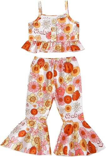 Goodplayer Conjunto de ropa de verano para niñas pequeñas, sin mangas, con botones, pantalones florales acampanados, conjunto de ropa de verano para