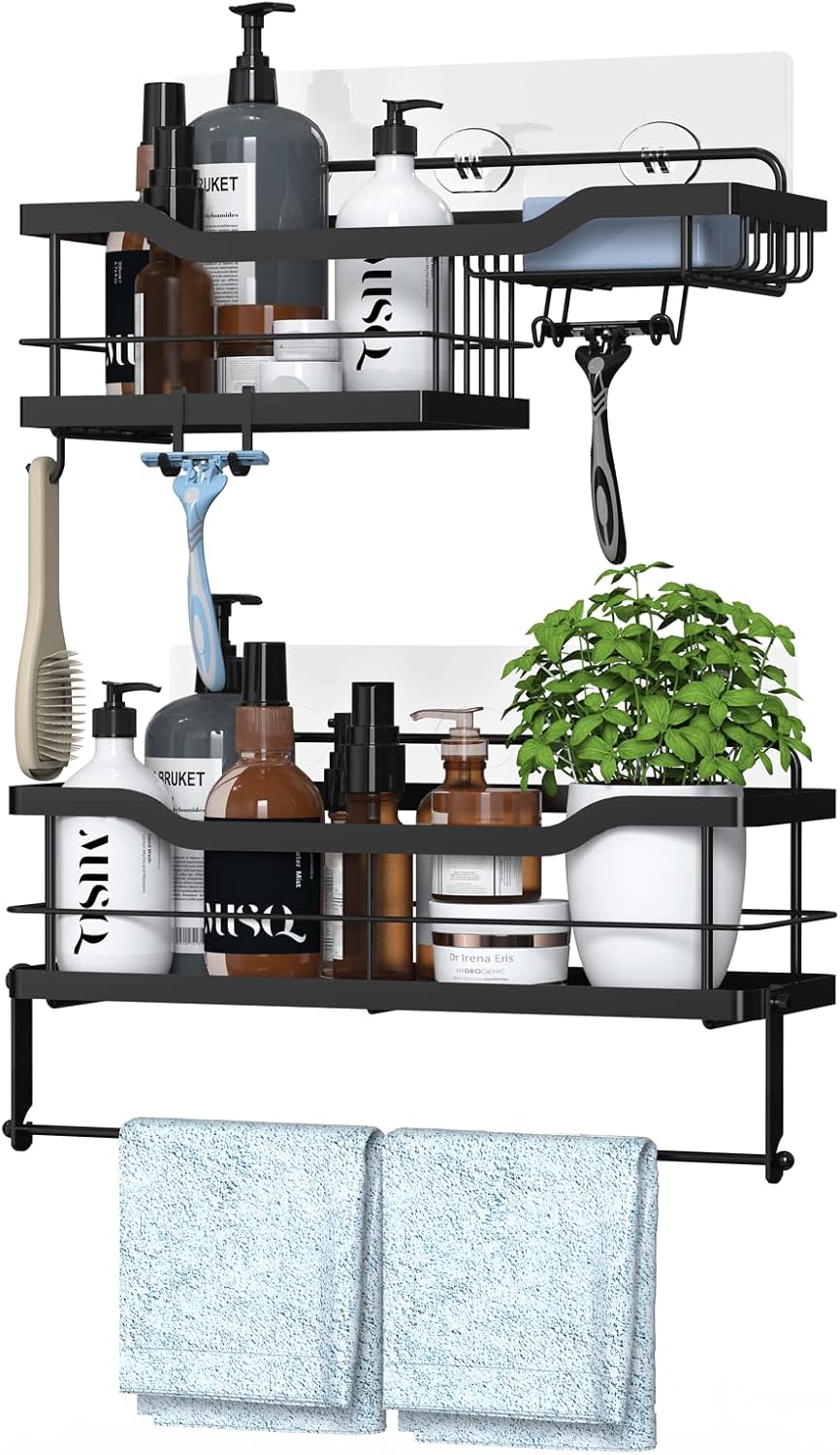 Carwiner Shower Shelf Basket Caddy 2-Pack with 6 Hooks & Tower Hanger & Soap Dish Holder, SUS304 Stainless Steel Bathroom Caddy Organizer Rack Adhesive Shampoo Holder Wall Mounted No Drilling (Black)