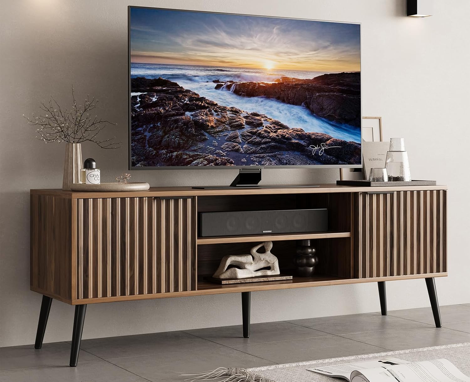 JOMEED Fluted TV Stand, Mid Century Modern TV Stand with Storage & Cable Holes, 59 Inch Entertainment Center for 32-60 Inch TVs, Brown