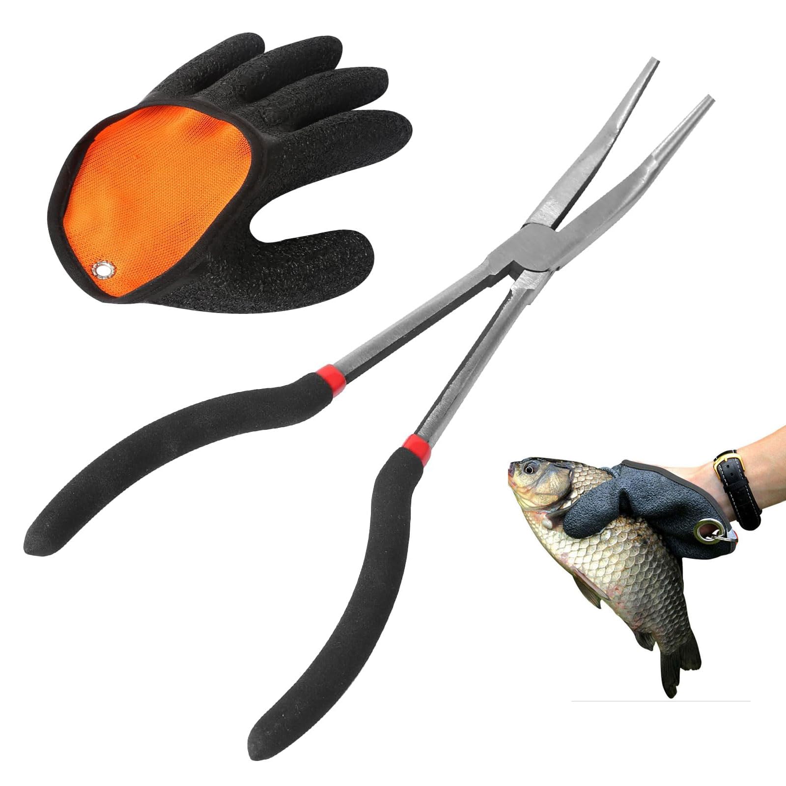 Zakrzywione szczypce wędkarskie 28 cm, akcesoria wędkarskie z zakrzywionymi nożyczkami, prawostronne rękawice wędkarskie, do uwolnienia hame?ons, sum, szczupak, wędkarstwo