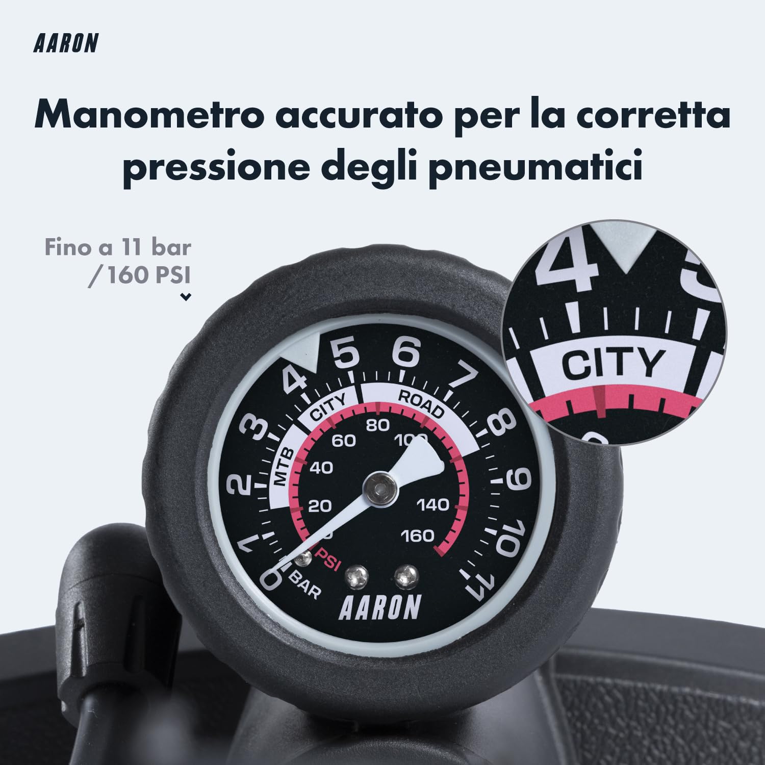 AARON Air Pompa da terra per bicicletta con manometro per tutte le valvole, pompa ad alta pressione per bicicletta da strada, pompa ad aria, pompa con attacco a sfera (grigio)