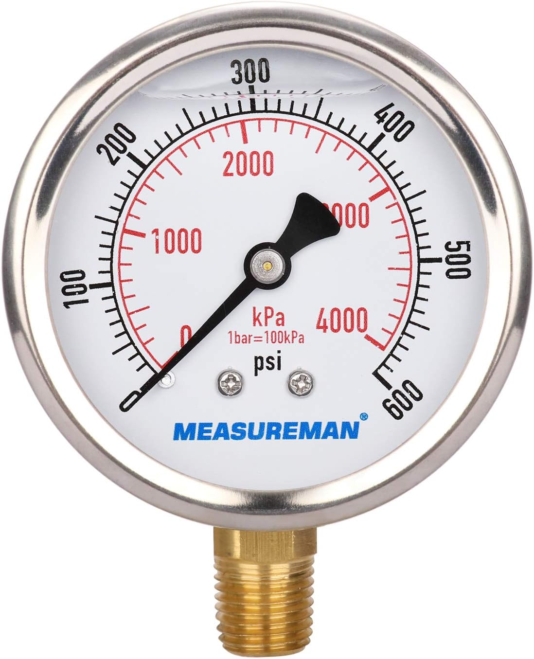 MEASUREMAN 2-1/2inch Dial Size, Oil Filled Pressure Gauge, 0-600psi/4000kpa, 304 Stainless Steel Case, 1/4inchNPT Lower Mount
