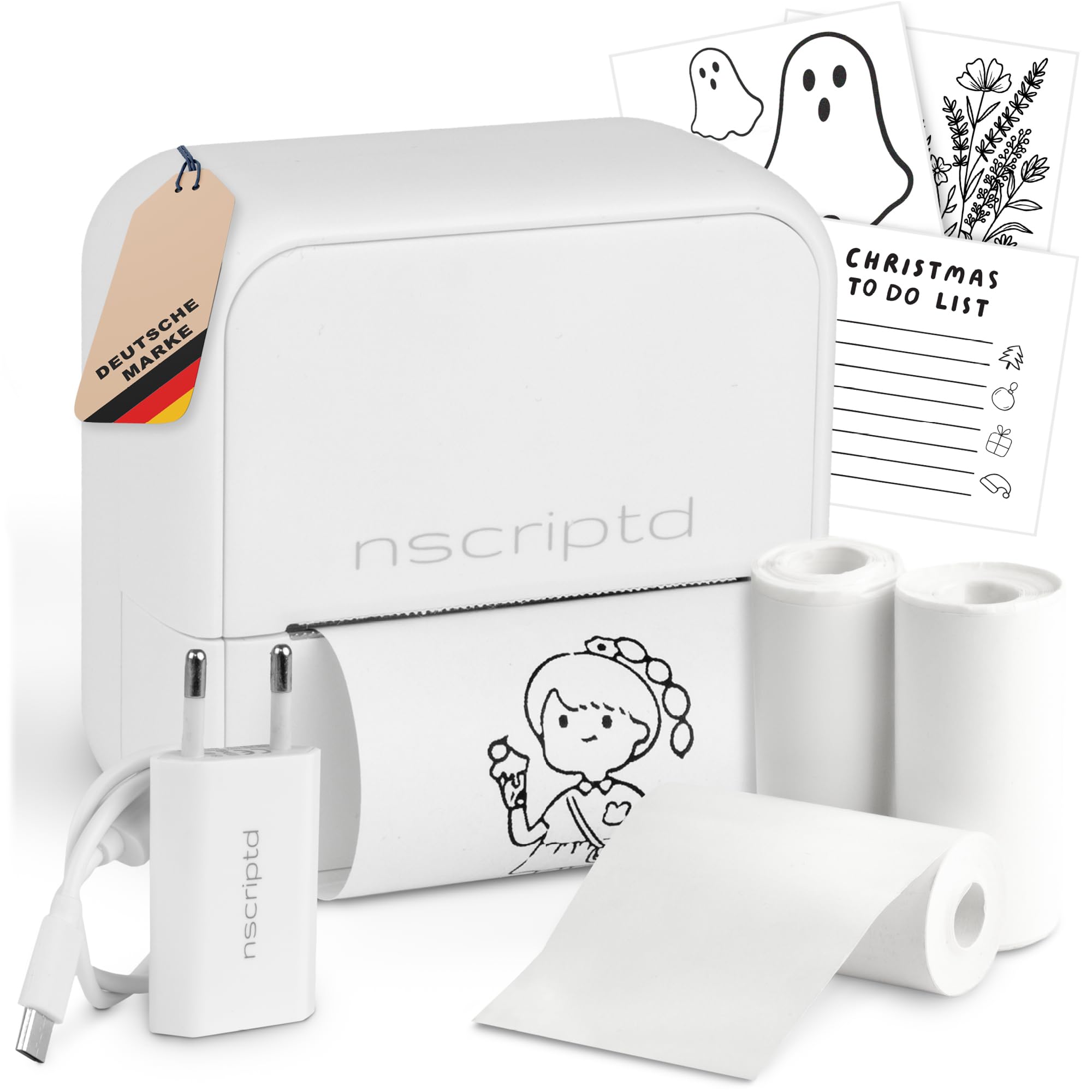 Mini Drucker Thermodrucker – Komplett-Set mit 4 Rollen, Kabel & Netzteil – Bluetooth für iOS & Android – Tintenfrei, sofort startklar – Designed in Germany
