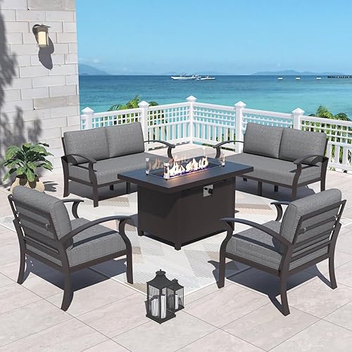ALAULM Aluminum Patio Furniture Set with Propane Fire Pit Table 6 Seats Metal Outdoor Furniture w/Fire Pit Patio Conversation Set w/5.1" Cushions for Patio, Backyard, Poolside-Grey