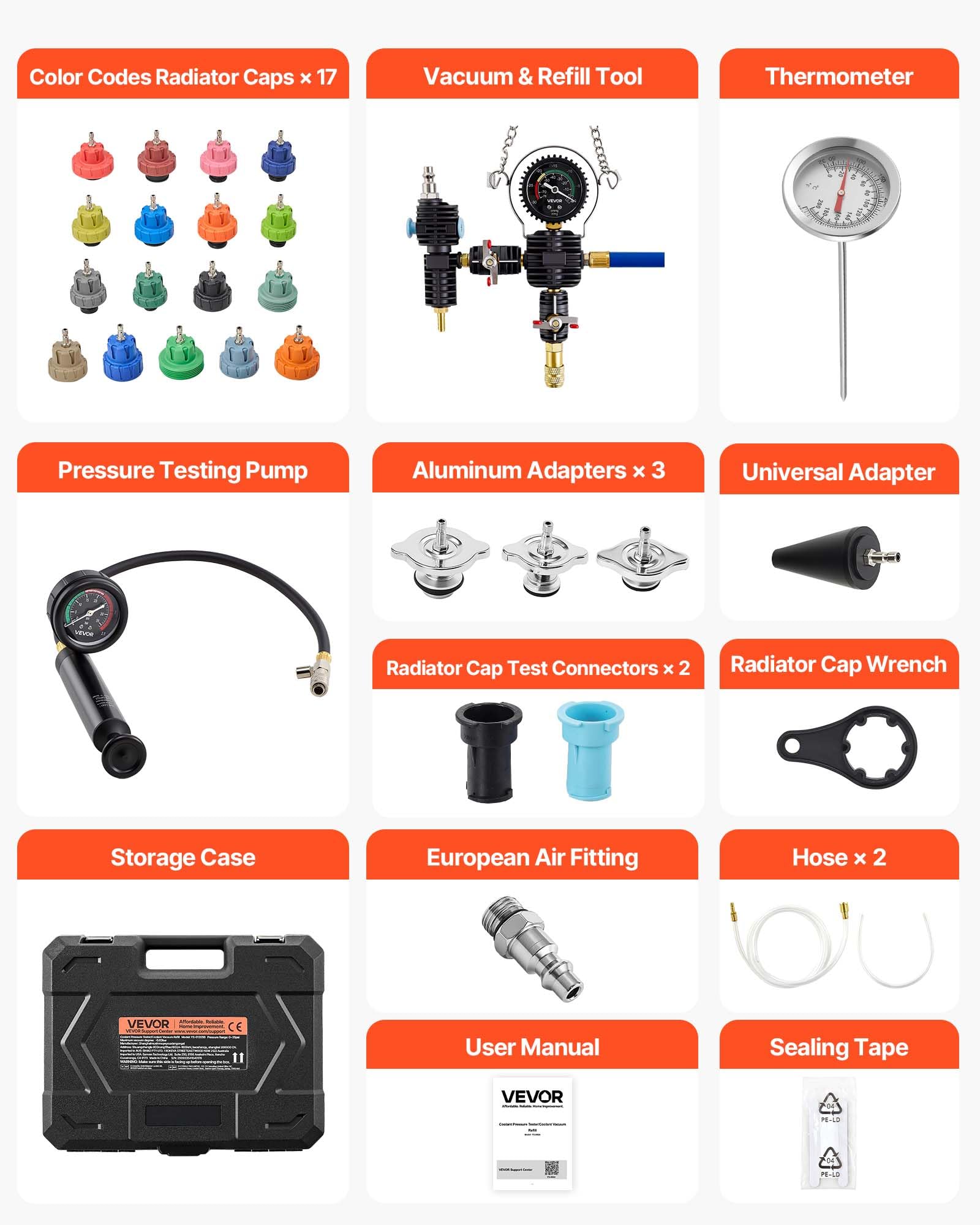VEVOR Kit di Tester Manometri per Sistema di Raffreddamento da 47 Pezzi, Kit per Prova di Pressione del Radiatore con 3 Adattatori in Metallo, Misura Universale, Strumento di Prova per Autoveicoli