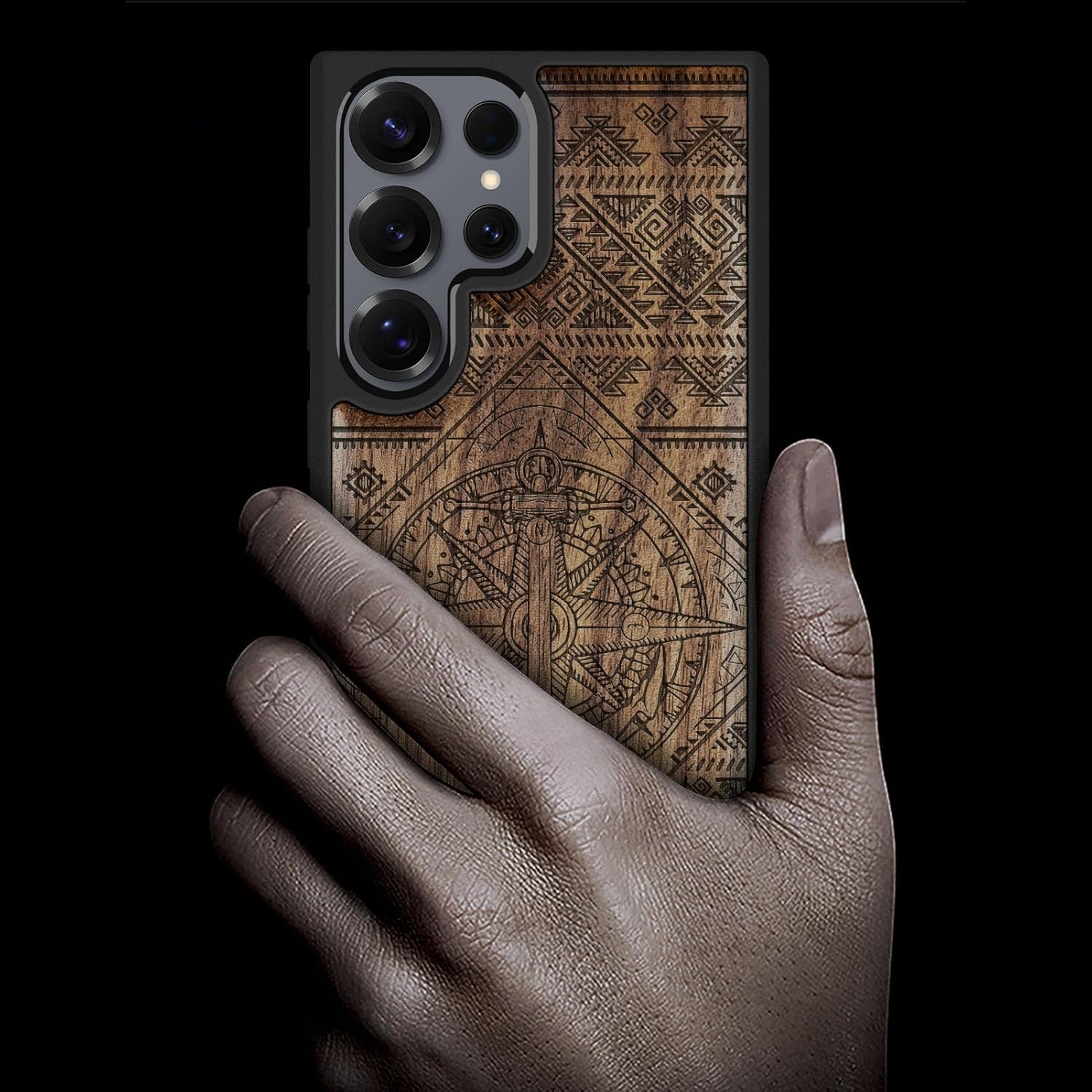 Carveit Magnetic Wooden Case for Samsung Galaxy S25 Ultra Case 2025, TPU Shockproof Cover & Wood Artisan Engraved, Compatible with MagSafe Wireless Chargers (Zendoodle Geometry Nautical) Walnut