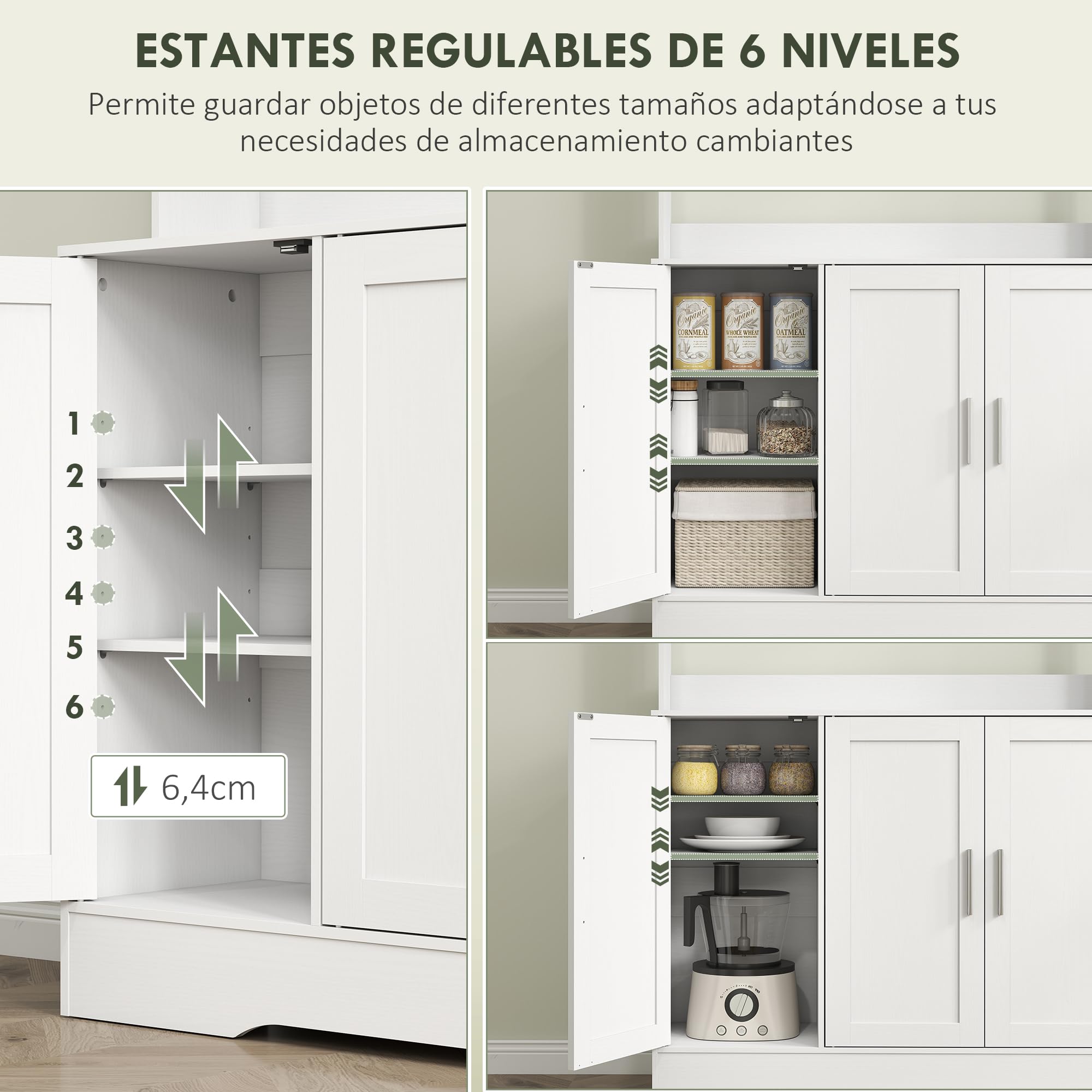HOMCOM Alacena de Cocina, Mueble Auxiliar de Cocina con 2 Puertas de Vidrio, Encimera Amplia para Microondas, Compartimentos Abiertos, Estantes Ajustables, 108x35x180 cm, Blanco