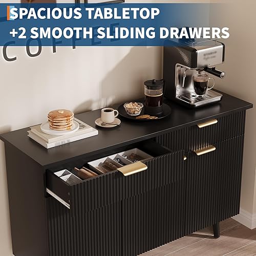 Miniatura 3 de Moderno gabinete de buffet acanalado de 47 pulgadas con almacenamiento, 3 puertas y 2 cajones, estantes ajustables, diseño de credenza de acento