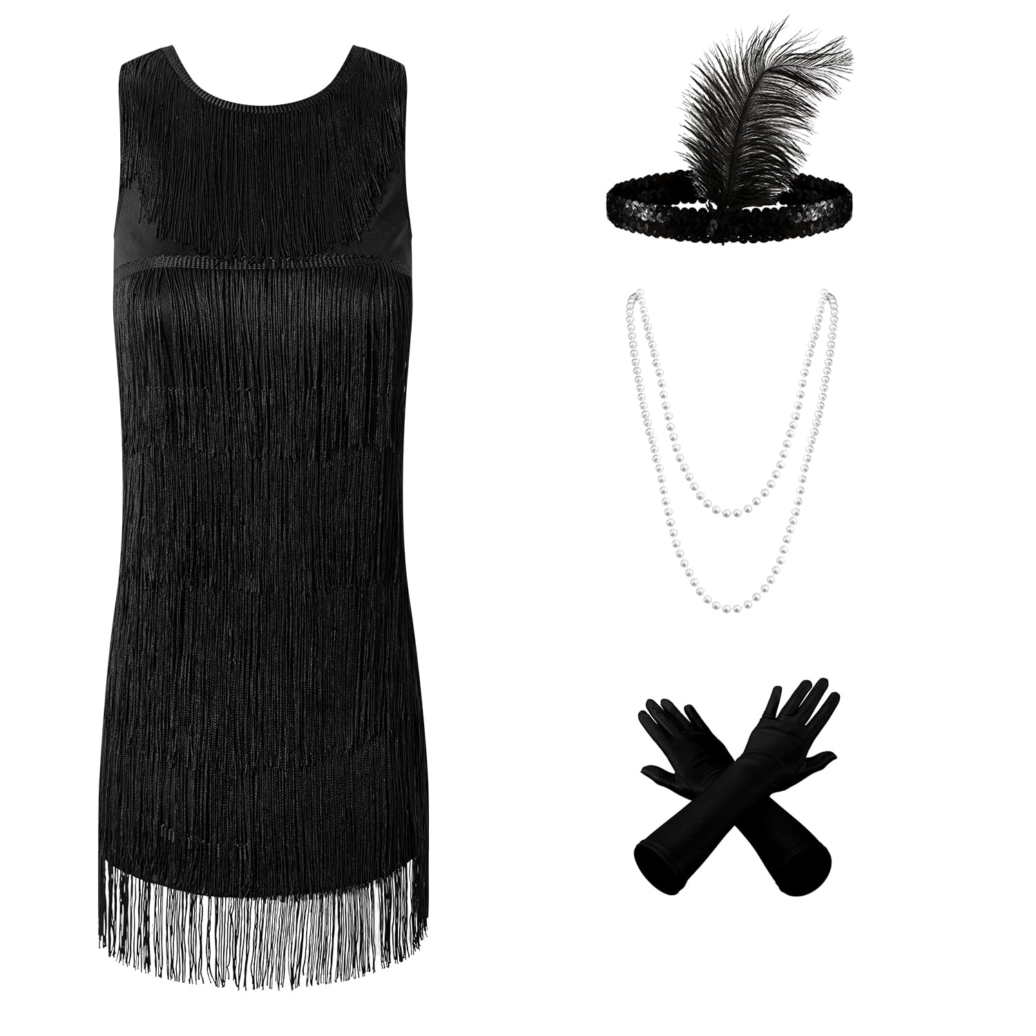 InBakjade Girls 1920's Costume Accessories Halloween Costumes Flapper Fringed Dresses Costume Set for Kids (4-6Years)