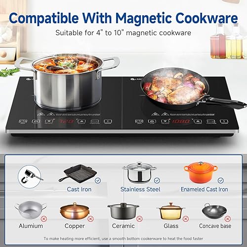 Miniatura 5 de Cocina eléctrica AMZCHEF doble inducción con 2 quemadores, cuerpo ultrafino, control independiente, 10 niveles de temperatura, múltiples niveles de