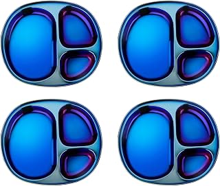 Ahimsa Stainless Steel Kids Divided Plates, Iridescent Blue, 4 Plates | Pediatrician Designed, Food Grade Stainless Steel Toddler Plates, Non-Toxic & BPA Free, Dishwasher Safe, Break Resistant