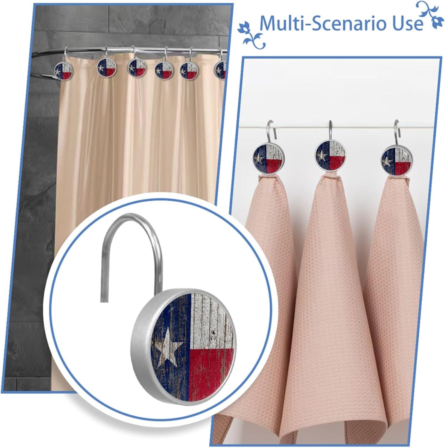 Rustic Country Barn Wood Lone Star Texas Flag Decorative Shower Curtain Hooks Rings Set of 12 Hooks for Shower Curtain Rustproof Curtain Rings for Bathroom