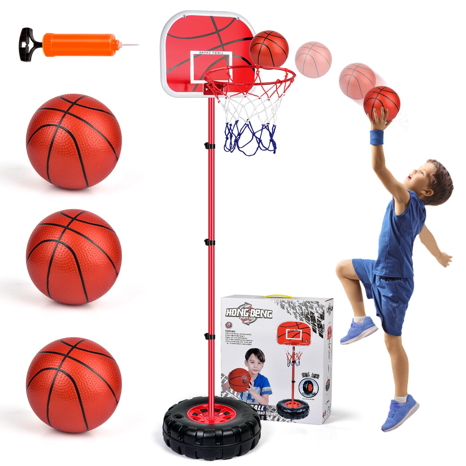 Indoor Basketball Hoop for Kids, Toddler Basketball Hoop Indoor Adjustable Height 2.4-5.8 FT Tire Base Goal Kids Basketball Hoop 11.8 in Oversized Basket Hoop with 3 Basketballs for Kid Ages 3-8