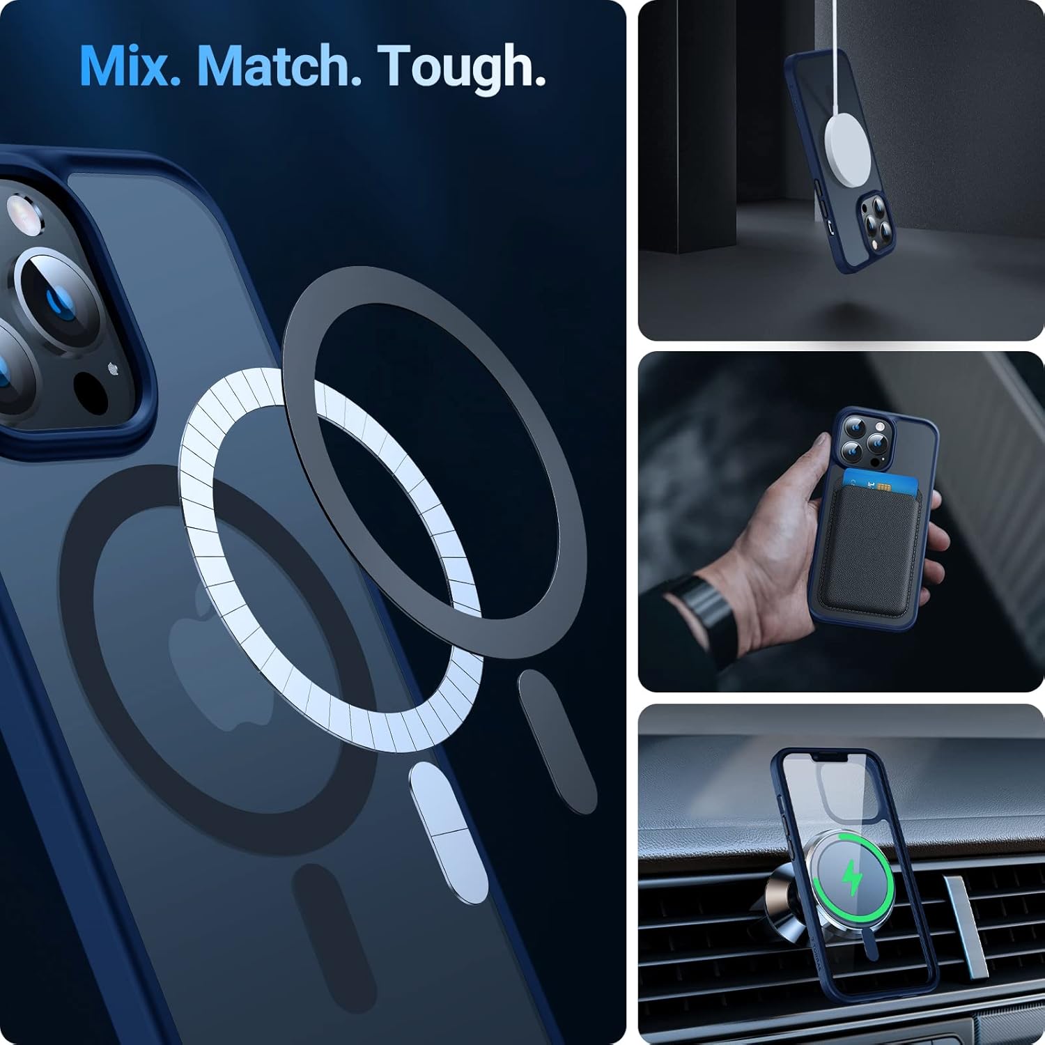 Multiple images showing the TORRAS case's compatibility with various MagSafe accessories like chargers, wallets, and car mounts.