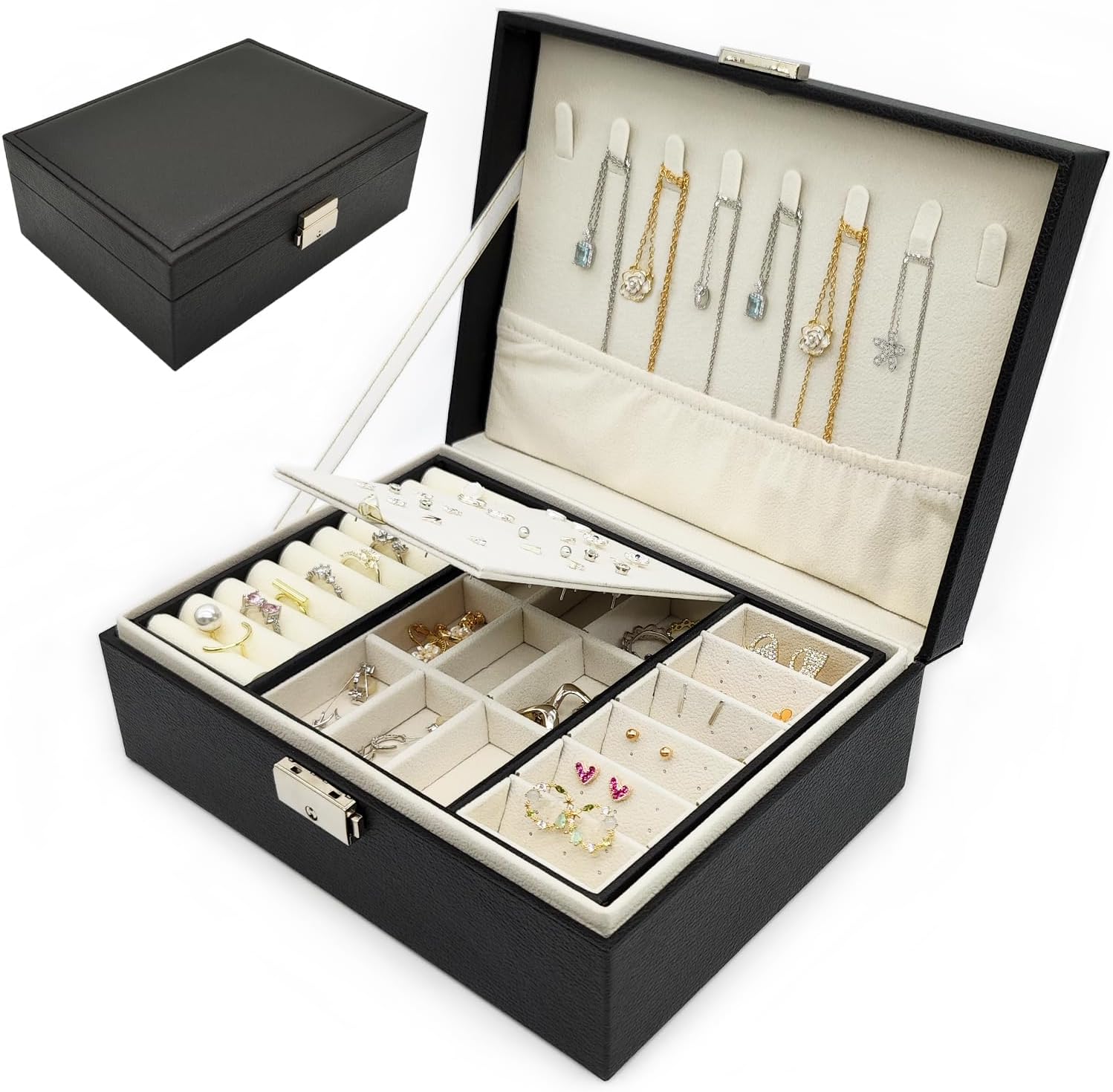 Dayify Large Jewelry Box, 2 Layer Jewelry Organizer Case, Black PU