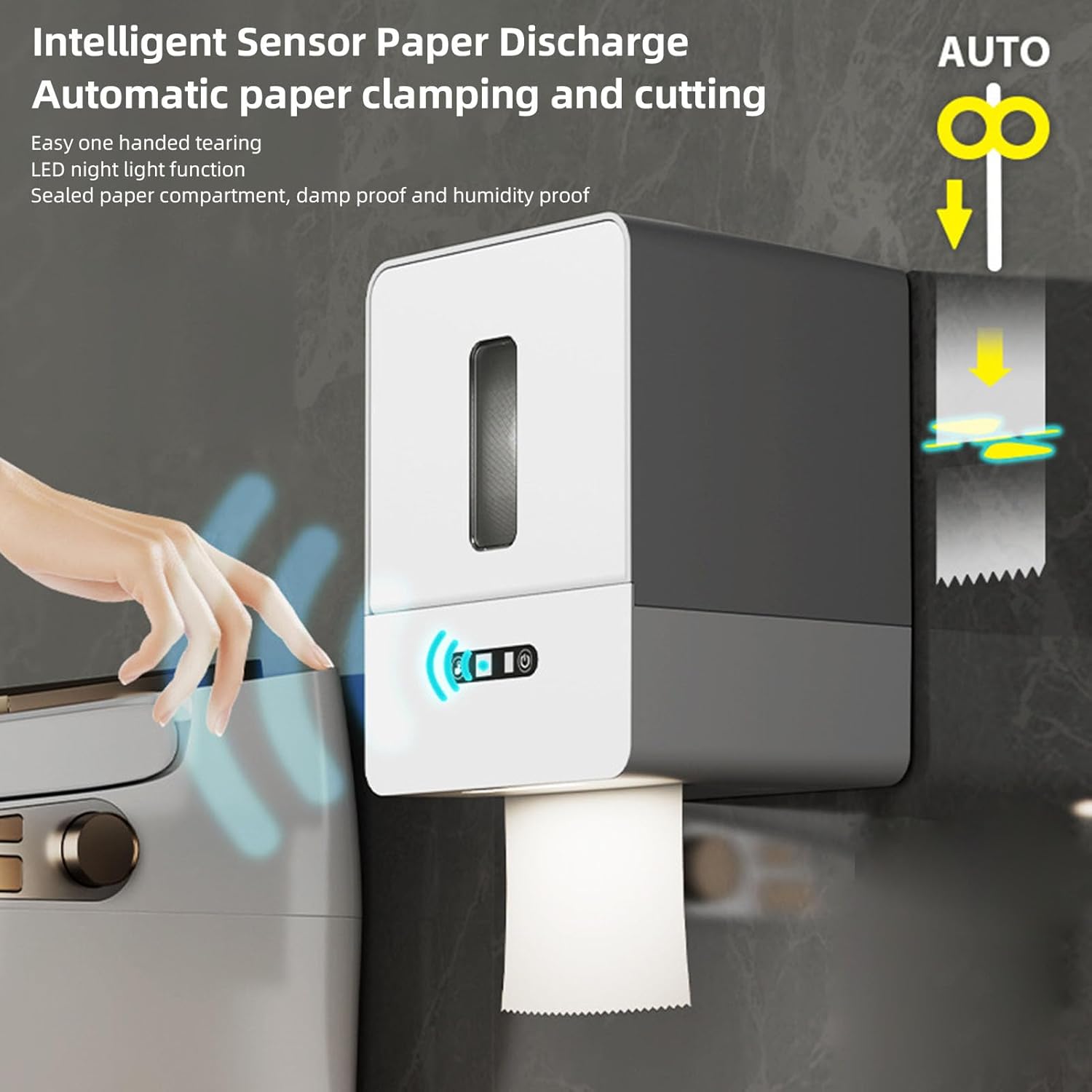 Automatic Paper Towel Dispenser Touchless, Smart Wall Mount Roll Paper Holder, Electric Roll Paper Towel Dispenser with Night Light for Kitchen Bathroom Hotel (Gray)