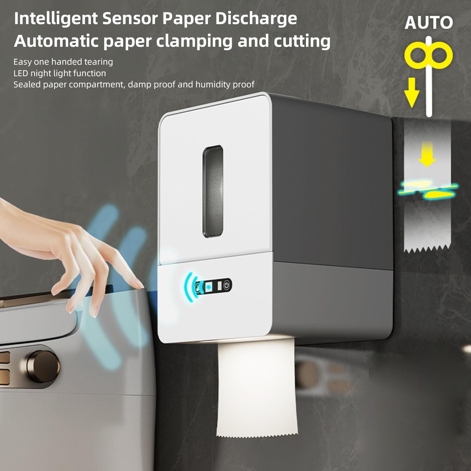 Dispensador Automático de Toallas de Papel sin, Soporte Inteligente para Rollo de Papel para Montaje en Pared, Dispensador Eléctrico de Toallas de Papel con Luz Nocturna para