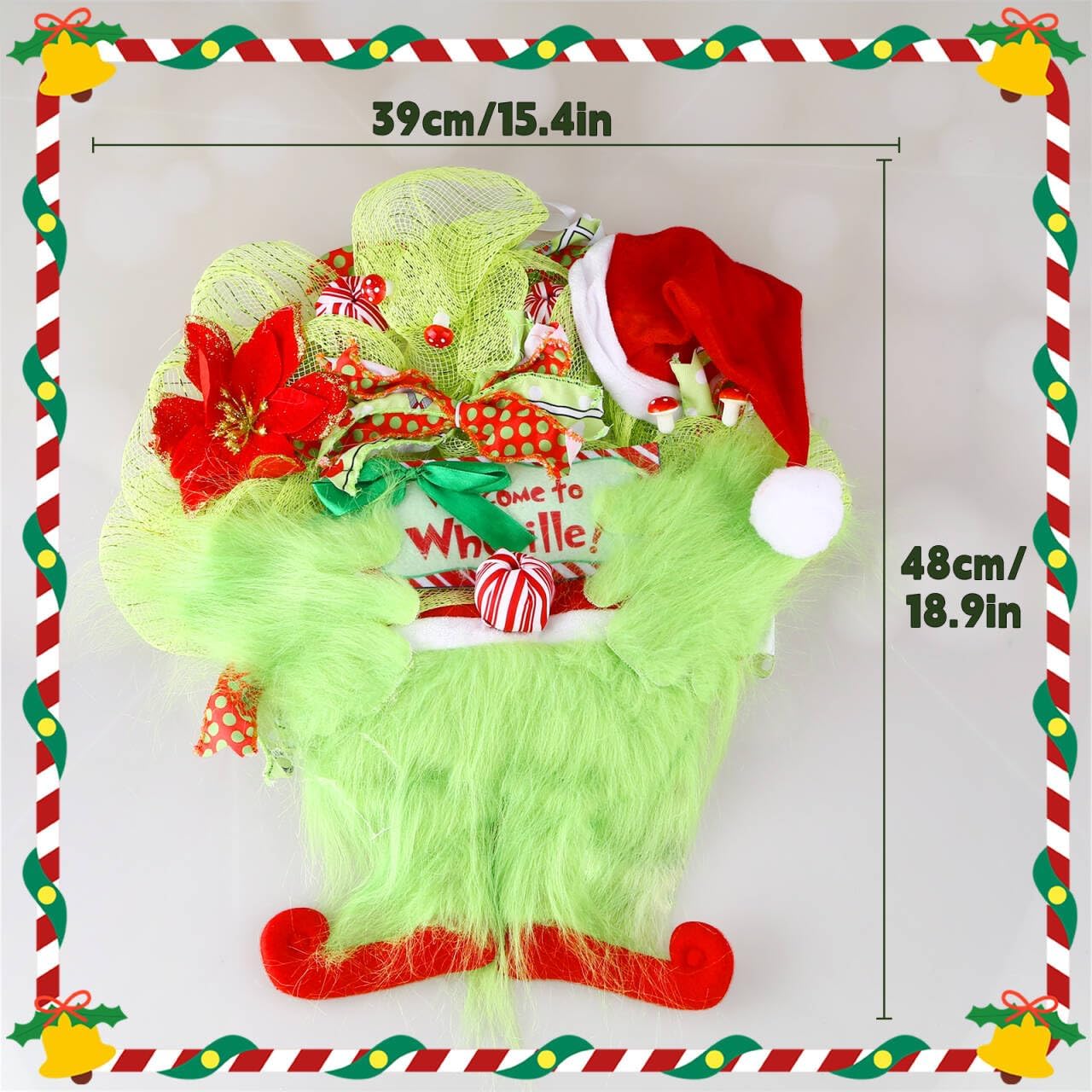 Christmas Wreath, 18 Inch Christmas Front Door Decoration Wreath for Indoor Outdoor Holiday Garland for Porch Window Wall Xmas Tree Fireplace Mantel