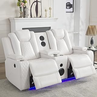 Power Loveseat Recliner Couch with Bass Speakers, Leather Electric Reclining Love Seat, Dual Recliners with LED Lights, 2 Seaters Movie RV Home Theater Seating Sofa with console for Living Room, White