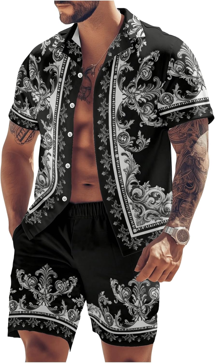 Men's 2 Piece Outfits Paisley Print Short Sleeve Button Down Shirts and Shorts Vacation Outfits