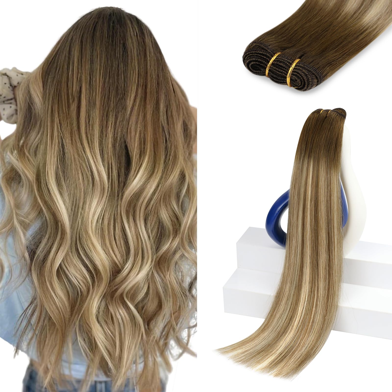Sunny Hair Sew in Hair Extensions Real Human Hair Dark Brown Ombre Light Brown Mix Blonde Human Hair Weft Extensions Double Weft Hair Extensions Human