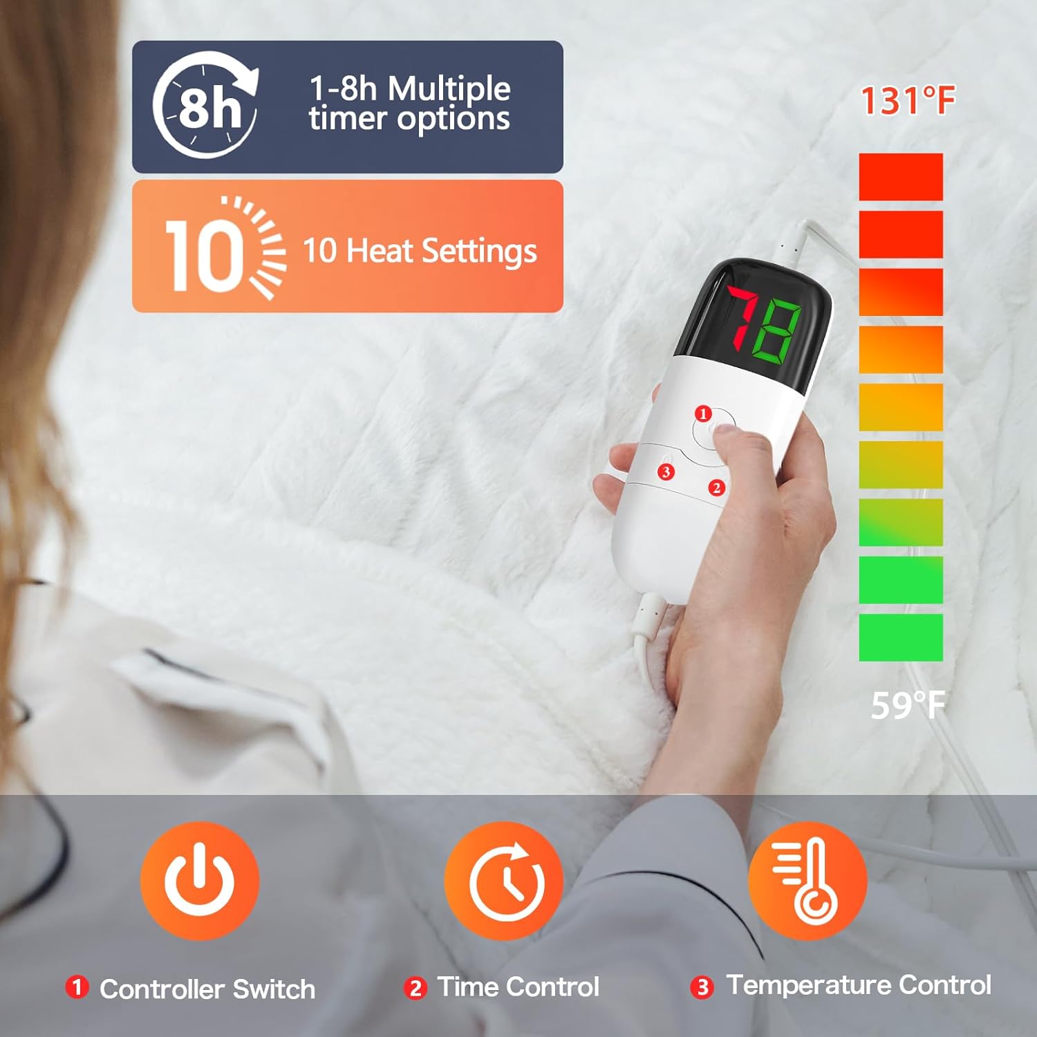 greenoak Heated Electric Blanket Throw, Faux Fur Sherpa Heating Blanket for Sofa Bed, Warm Winter Gifts for Women/Men, Heater Lap Blankets 5-Position Timer &10 Heating Levels 50''*60" Whtie - Image 4