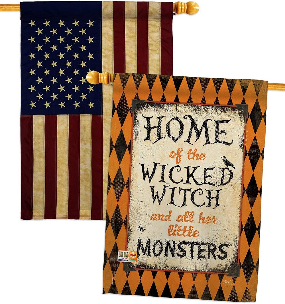 Wicked Home House Flag - Pack Fall Halloween Witch Trick or Treat Spooky Night Black Cat Season Autumntime Pumpkin USA Vintage Applique - Banner Small Garden Yard Gift Double-Sided Made In 28 X 40