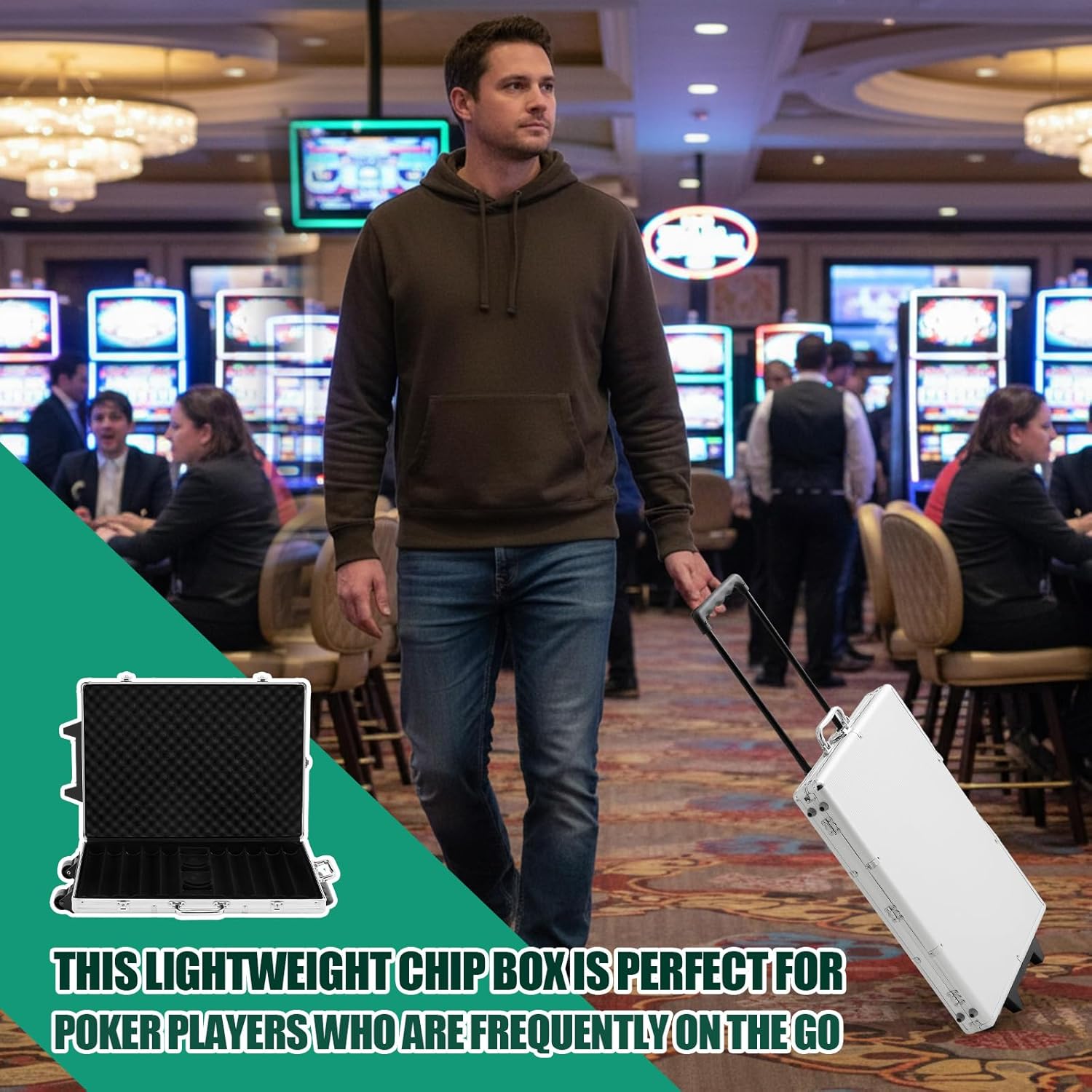 1000 Pcs Large Capacity Rolling Poker Chip Case Empty with Wheels and Telescoping Handle, 23.6" x 15" Aluminum Trolley Storage Case for Casino Tournament Travel (No Chips Included)
