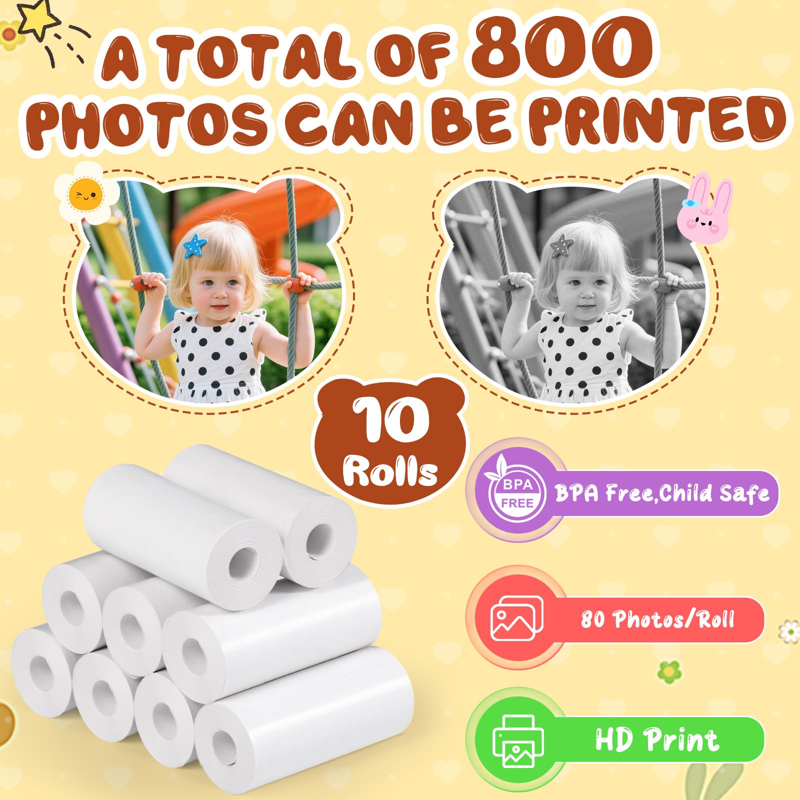 Diboniur 10 Rotoli Carta Termica per Macchina Fotografica Bambini, Carta Fotografica per Macchina Fotografica Istantanea, Carta di Stampa della Ricarica per Macchina Fotografica Bambini Istantanea