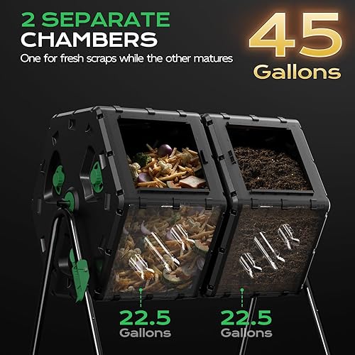 Miniatura 3 de Vaso de compostaje de 45 galones170L, fácil de montar con doble cámara para exteriores, compostador grande giratorio de 360 para exteriores, patio
